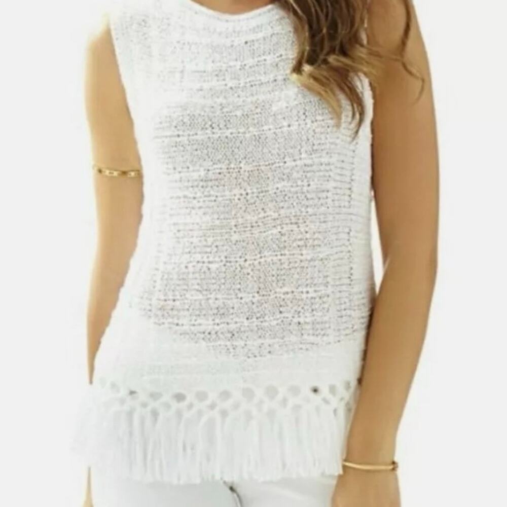 Lilly Pulitzer Luca Lua White Tank Sweater Fringe Hem Women's Small